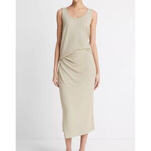Vince Midi Maxi Skirt Knit‎ Side-Drape Tan Sepia Sz Large Minimalist Pull on NWT